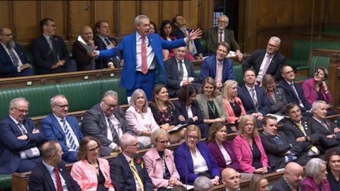 Nigel Farage with arms aloft in Commons, surrounded by seated Lib Dem MPs