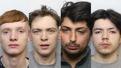 Four mugshots of four men. The first one has ginger hair, blue eyes and no facial hair, the second one has brown hair, blue eyes and a smattering of stubble across his upper lip. The third man has blue eyes, thick, dark hair, combed to the side and a goatee, while the fourth man has thick, dark hair parted in the middle and hazel eyes. He has some facial hair along his upper lip and chin.