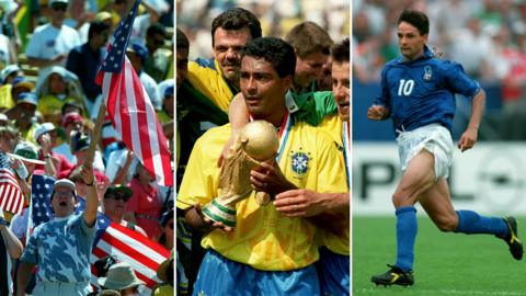 A split image of a man holding a USA flag, the Brazil team holding the World Cup and an Italian player