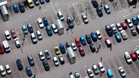 Aerial view Car Park spaces Shopping, London UK.