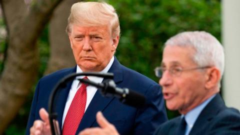 US President Donald Trump listens as Dr Anthony Fauci speaks during a Coronavirus Task Force press briefing in Washington, DC, 29 March 2020