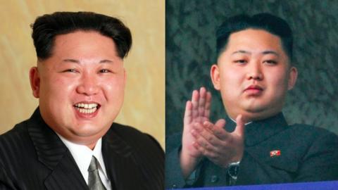 Composite image showing (left) Kim Jong-un seated for an official photograph released by KCNA 10 May 2016, and (right) applauding at a parade on 10 October 2010. He is slightly but noticeably fatter in the more recent image.