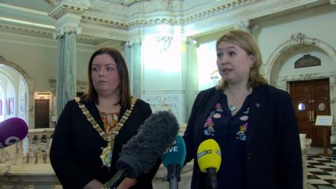 Secretary of State Karen Bradley with Belfast Lord Mayor Deirdre Hargey at a meeting at City Hall