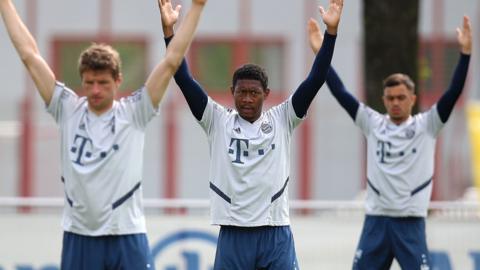 Bayern Munich's Thomas Muller, David Alaba and Oliver Batista-Meier in training