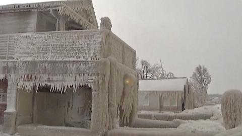 Icicles cover a house in New York state