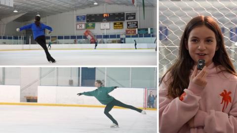 Splitscreen. Left, two shots of figure skaters training. Right, a young girl speaks