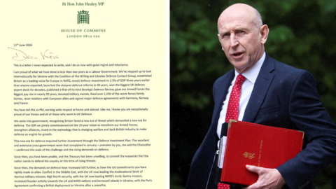 A composite of two pictures: On the left a screengrab of Healey's resignation letter. On the right, John Healey carries a red folder