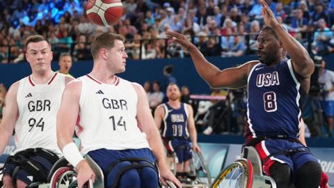 Great Britain in wheelchair basketball action against the United States