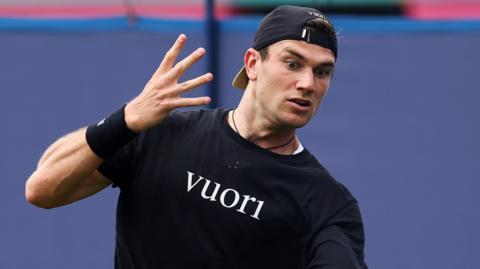 Jack Draper hits a forehand shot in practice