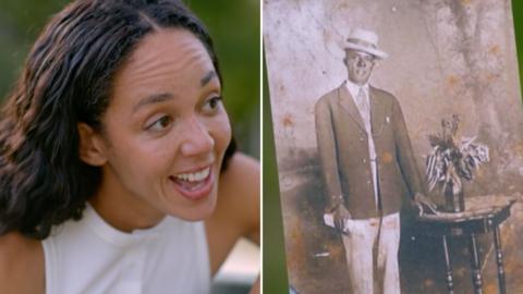 A split image of Katarina Johnson-Thompson and a photograph of a man.