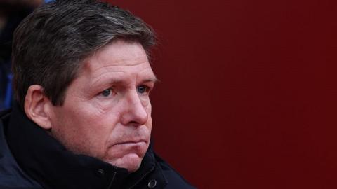 Oliver Glasner puffs out cheeks and looks on in dejected manner