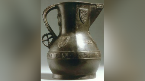 The Wenlok Jug is a bronze jug with two coat of arms on the design.