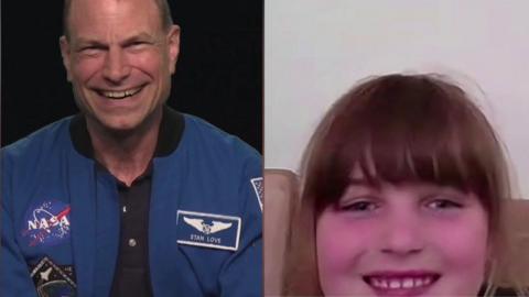 Dr Stanley G Love is on the left of the screen wearing a blue NASA jacket, Sadie is on the right of the screen smiling into the camera.