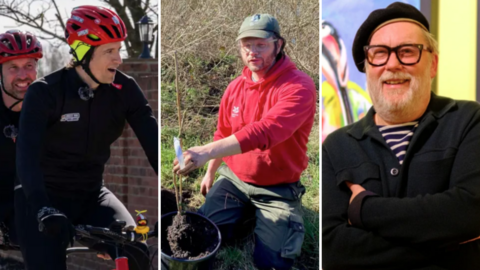 Three images side by side: from left to right, two men wearing black lycra and red cycle helmets on a tandem bike, a man wearing a red hoodie and green combat trousers plants a sapling, and an older man with a black glasses, a white beard wearing a back jacket, black and white striped top and a black beret stands with his arms folded.