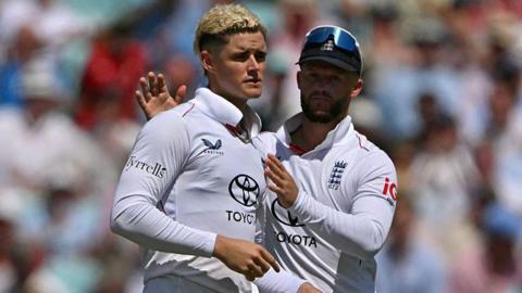 England's Jacob Bethell celebrates taking a wicket