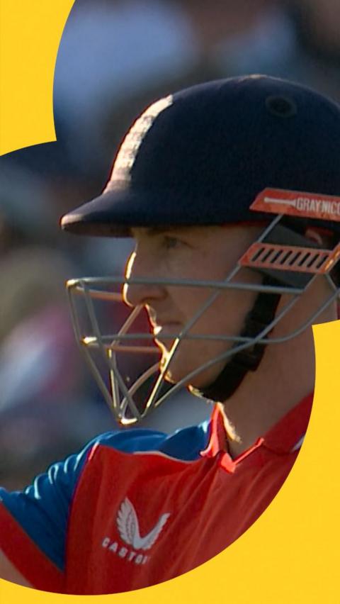 Harry Brook looks to the crowd after hitting a six against India in the men's international T20.