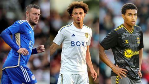 Jamie Vardy of Leicester (left), Ethan Ampadu of Leeds (centre) and Shea Charles of Southampton (right)