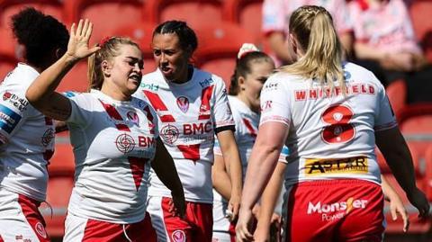 Shona Hoyle (second left) celebrates her try for St Helens against York Valkyrie