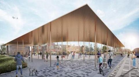 A CGI image of a large canopy over a public square, supported by thin columns. People are walking and gathering underneath on a patterned stone surface.