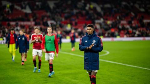 Marcus Rashford of Manchester United applauds the fans at the end of the Premier League match against Chelsea at Old Trafford