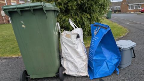 A green bin, a white bag for paper, a blue bag and a grey food caddie, lined up on a street, ready for collection.