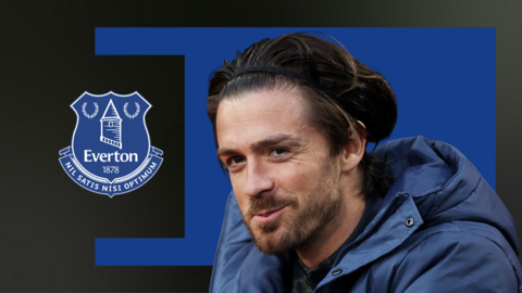 An image of Jack Grealish in front of a blue background and an Everton crest