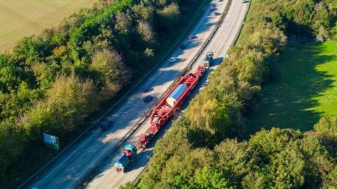 An aerial picture of the first abnormal load being transported