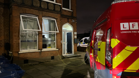 A London Fire Brigade vehicle outside Mike Freer's office