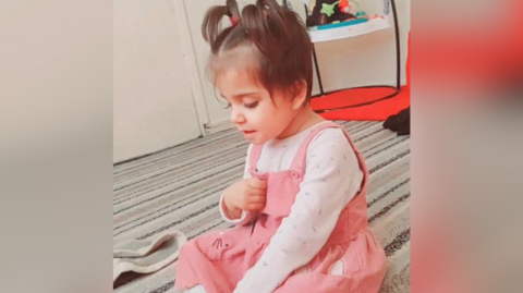Young toddler in a pink pinafore. She sits on a carpeted floor with her short hair in bunches. 