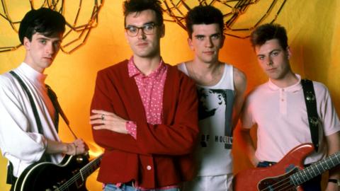 Guitarist Johnny Marr, singer Morrissey, Mike Joyce and English bassist Andy Rourke of The Smiths pose for a portrait before their first show in Detroit during the 1985 Meat Is Murder Tour on June 8, 1985
