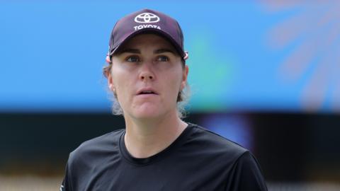 Nat Sciver-Brunt looks on during a training session
