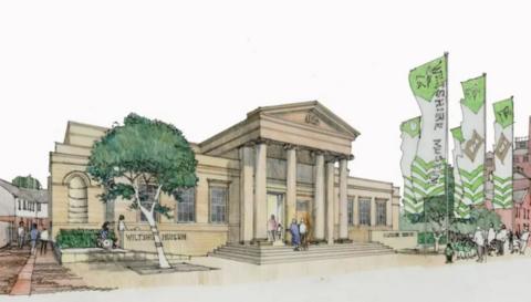 Artist impression of what the restored Devizes Assize Court could look like. The cream-coloured building has several flags and trees outside.