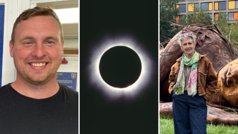 Three side-by-side images; on the left, a man with short brown hair and brown stubble. In the middle, an image of a solar eclipse. On the right, a woman stands in front of a wooden statue.
