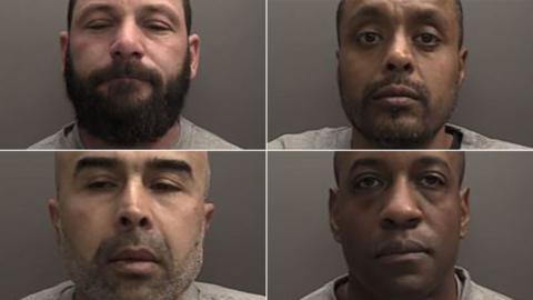 A composite image showing police custody shots of four men, all with serious expressions, in front of a dark-grey backdrop. They are wearing light-grey T-shirts. One has a full, dark-brown beard. Two have stubble. One is clean shaven.