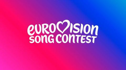 A white logo on a pink and purple background. The white logo reads, 'Eurovision song contest'.