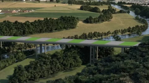 An artist's impression of part of the route over the the River Wye to the west of the city. There is countryside below a long, flat bridge design.