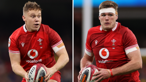 Pictures of Sam Costelow (right) and Taine Plumtree (left) both with ball in hand playing for Wales