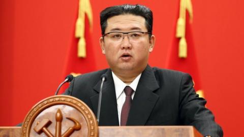 A photo released by the official North Korean Central News Agency (KCNA) shows Kim Jong-Un, general secretary of the Worker"s Party of Korea, giving a speech during a commemorative lecture organized by the Central Committee of the WPK, celebrating a significant founding anniversary of the Party, at the office building of the Party"s Central Committee in Pyongyang, North Korea, 10 October 2021 (issued 11 October 2021).