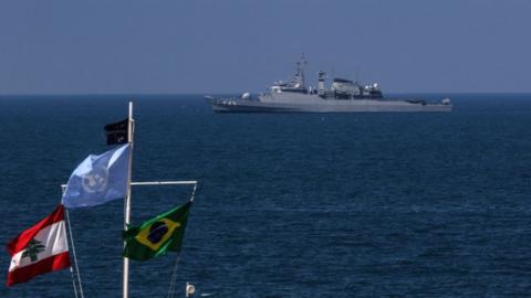 A United Nations Interim Force in Lebanon (UNIFIL) naval ship is pictured in the Mediterranean Sea off the southern Lebanese town of Naqoura, close to border with Israel (19 March 2018)