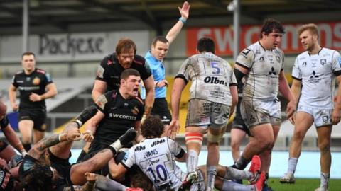 Exeter's Scotland lock Jonny Gray went over for the only try of the first half at Sandy Park