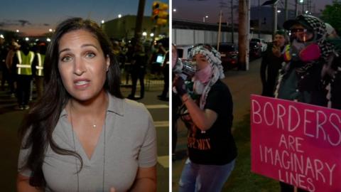 Split screen image showing correspondent Nada Tawfik on the right, and protesters holding a megaphone and a poster that reads 'borders are imaginary lines'