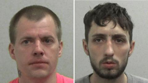 Mugshots of Clerkson and Chilvers. Clerkson is clean shaven with a tattoo on his neck, it cannot be made out what it is, and short fair hair. He appears to have a cut on his nose. Chilvers has short scruffy dark hair and a dark beard.