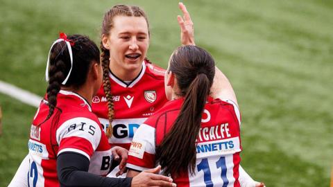 Gloucester-Hartpury's Nel Metcalfe celebrates scoring her sides first try 