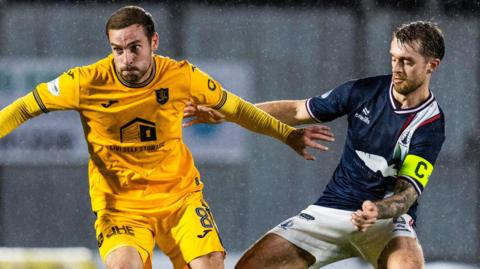 Livingston's Scott Pittman (L) and Falkirk's Brad Spencer in action during a William Hill Championship match between Falkirk and Livingston at the Falkirk Stadium