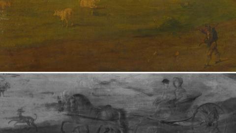 A close up of the same section of a painting showing as it appears and a hidden carriage that lies beneath the surface of the painting