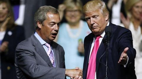 Donald Trump, right, invites United Kingdom Independence Party leader Nigel Farage to speak during a campaign rally