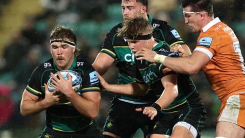 Northampton Saints back row forward Angus Scott-Young gathers the ball in their win over Sale Sharks