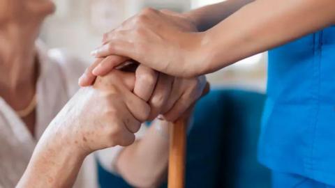 Carer hold eldery person's hands