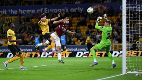 Jorgen Strand Larsen heads home for Wolves against West Ham