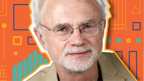 Composer John Adams on colourful background